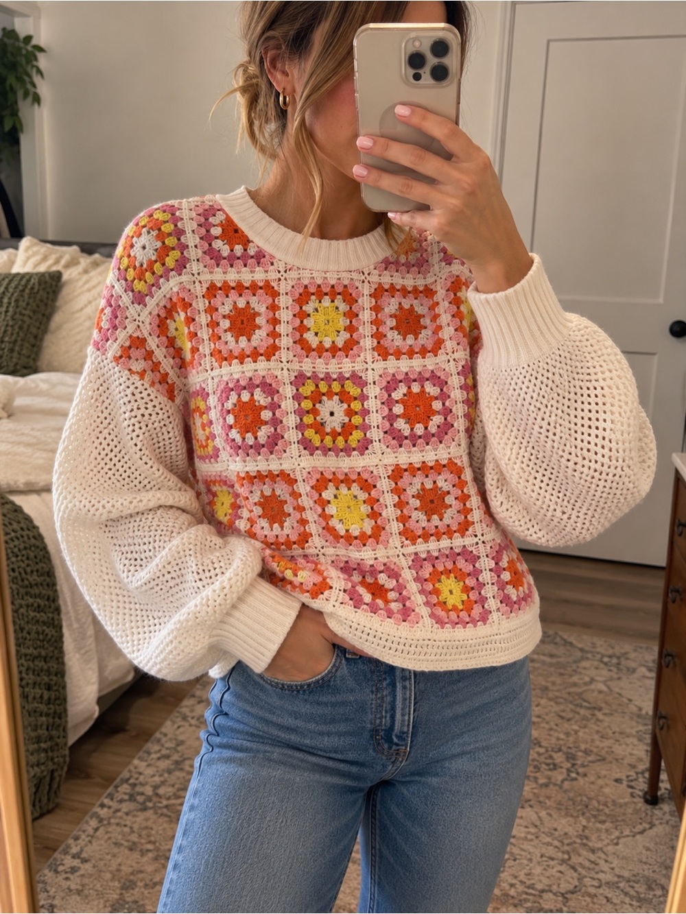Zara Crochet Granny Square Open Knit Sweater Multicolor Size S